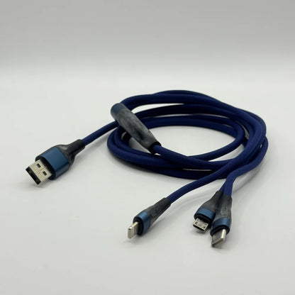 SOVO SC-117 blue braided cable showing dual USB Type-C input and triple output ends
