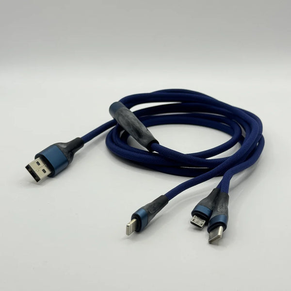 SOVO SC-117 blue braided cable showing dual USB Type-C input and triple output ends
