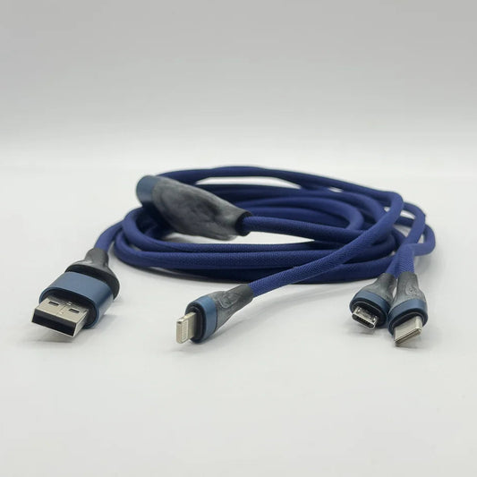 Close up view of SOVO SC-117 blue cable connectors including Type-C Lightning Micro USB and USB-A adapter