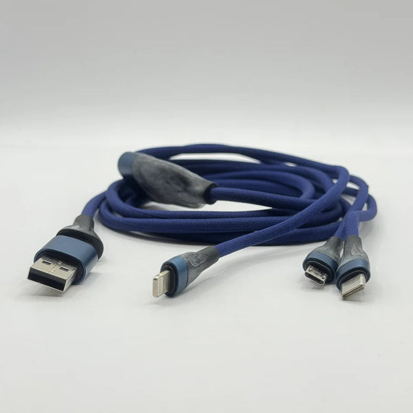 Close up view of SOVO SC-117 blue cable connectors including Type-C Lightning Micro USB and USB-A adapter