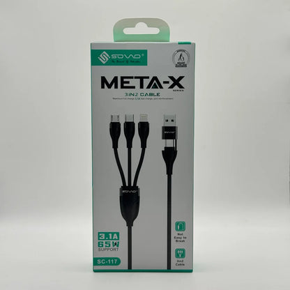 Front packaging box of SOVO Meta-X SC-117 3 in 2 cable showing 65W and 3.1A support
