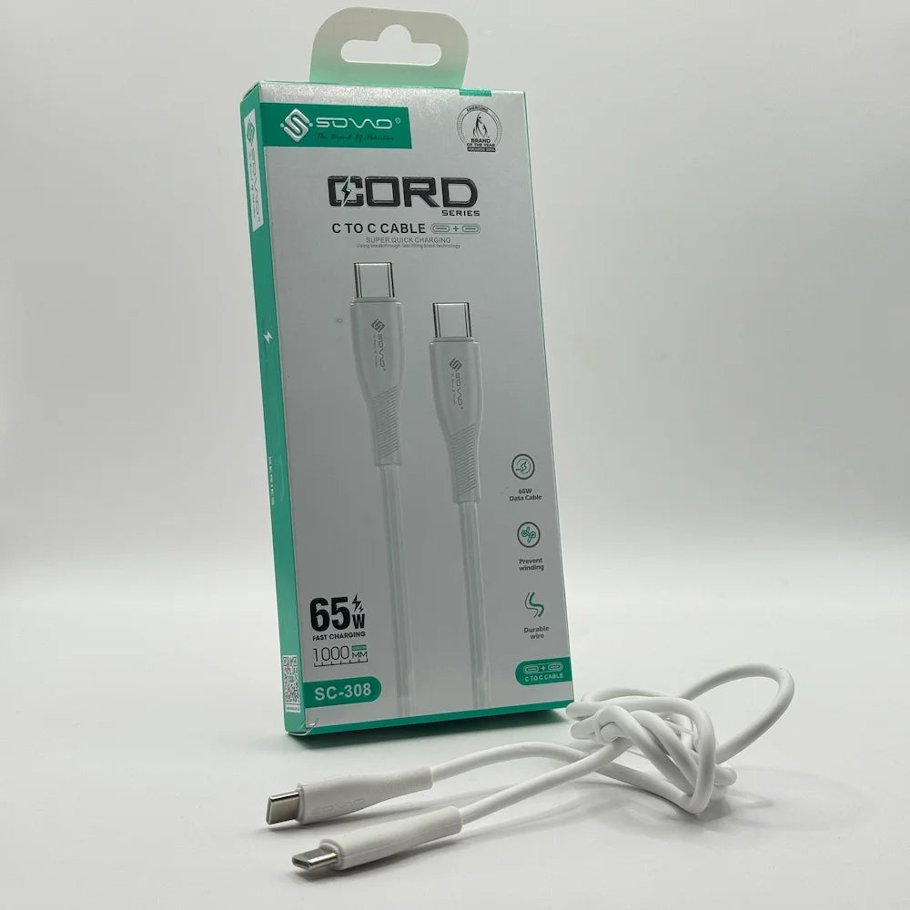 SOVO SC-308 white 65W Type-C to Type-C cable displayed next to retail box