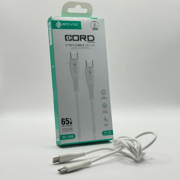 SOVO SC-308 white 65W Type-C to Type-C cable displayed next to retail box