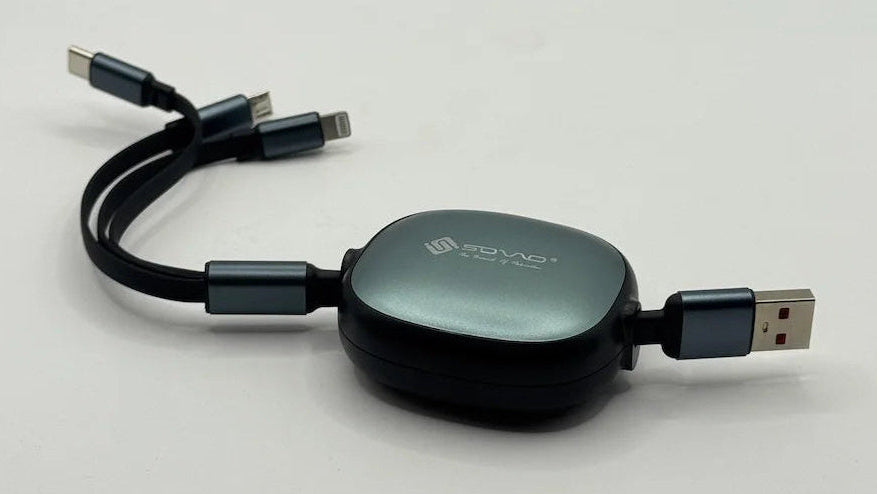 SOVO SG-118 3 in 1 retractable cable showing USB input and multi output connectors