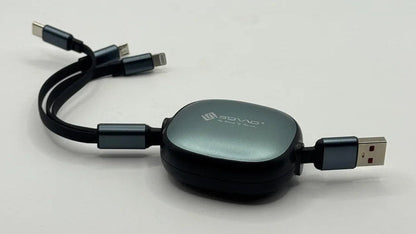 SOVO SG-118 3 in 1 retractable cable showing USB input and multi output connectors