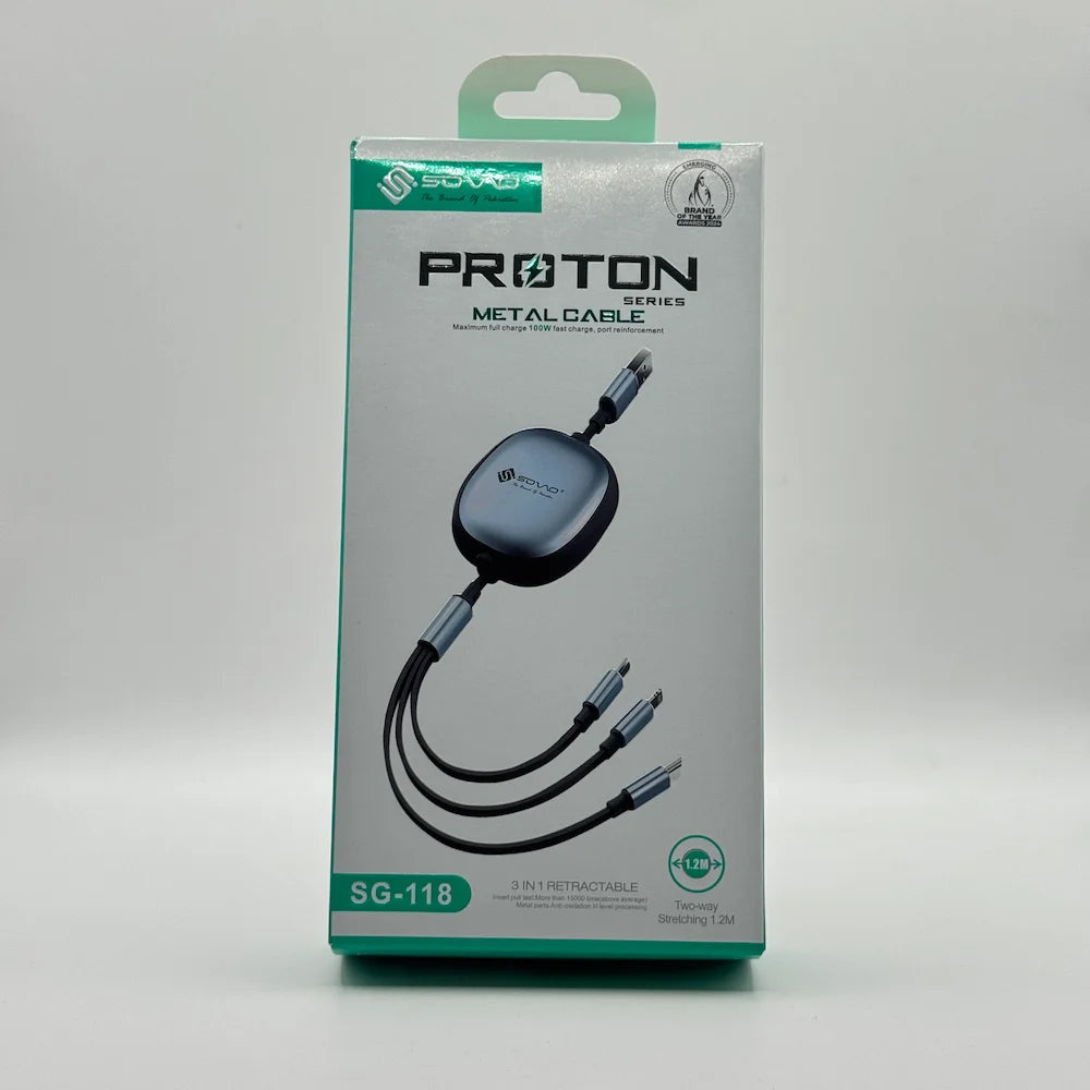 Front packaging box view of SOVO Proton Series SG-118 3 in 1 retractable metal cable 100W