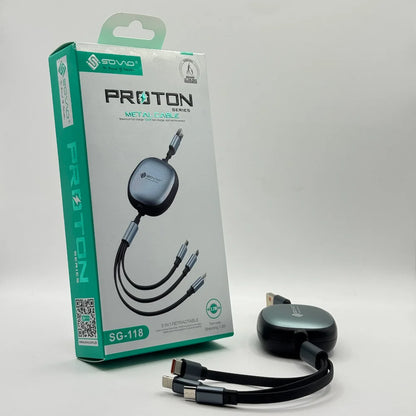 SOVO SG-118 3 in 1 retractable fast charging cable displayed beside retail packaging box