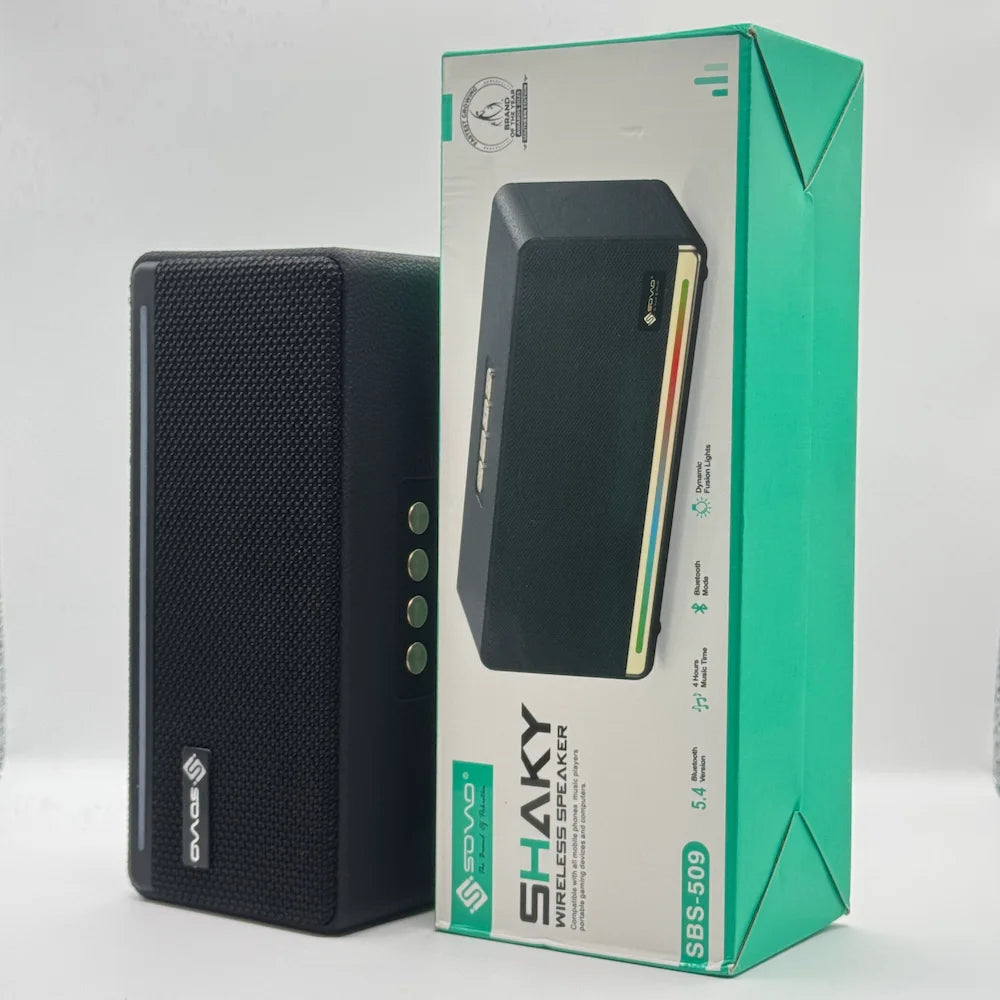 SOVO SHAKY SBS-509 Bluetooth Speaker standing vertically next to feature box