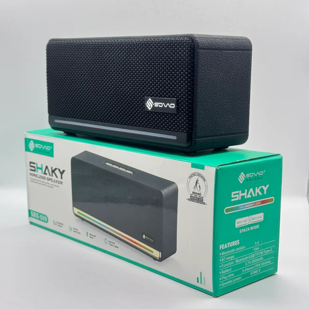 SOVO SHAKY SBS-509 Wireless Speaker sitting on top of its green packaging box