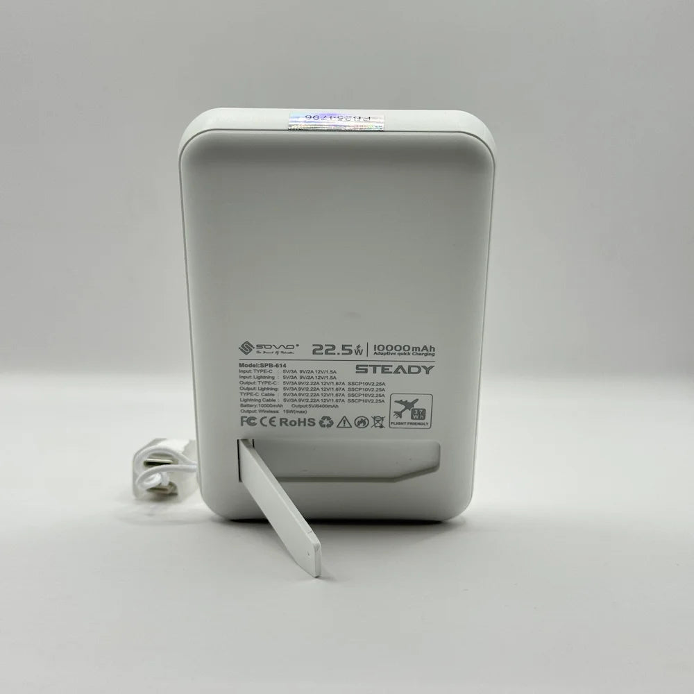 Back panel of SOVO SPB-614 power bank showing detailed voltage specifications and unfolded kickstand
