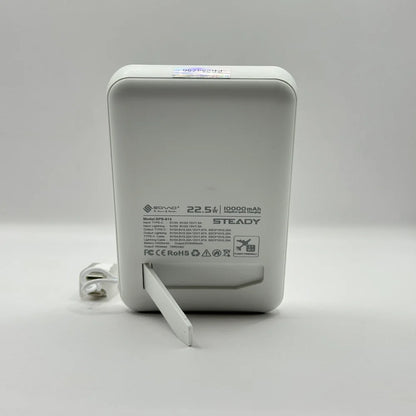 Back panel of SOVO SPB-614 power bank showing detailed voltage specifications and unfolded kickstand