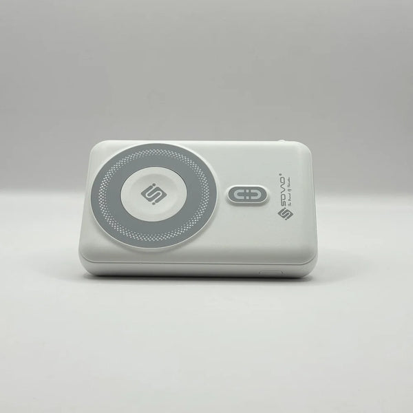 Front view of SOVO SPB-614 power bank highlighting 15W magnetic wireless charging pad