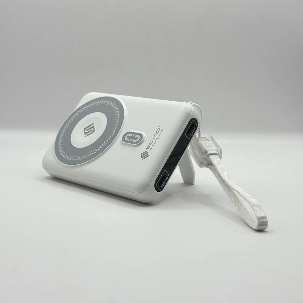 Angled view of SOVO SPB-614 wireless magnetic power bank with extended lanyard cable and kickstand