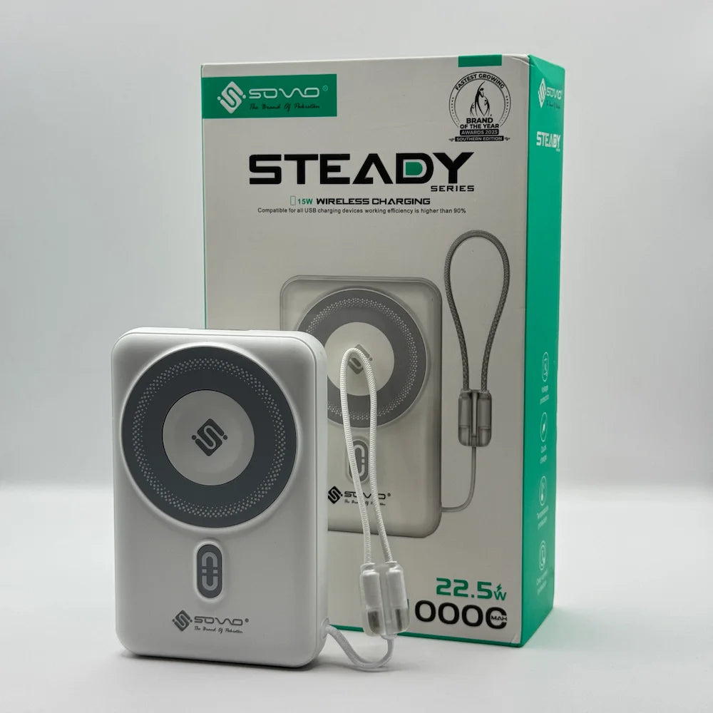 White SOVO SPB-614 magnetic wireless power bank with integrated lanyard cable in front of packaging