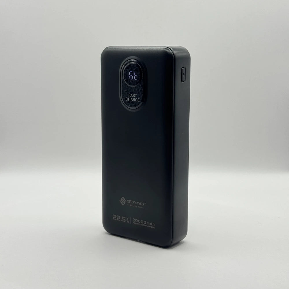 Front perspective view of SOVO RANGE SPB-620 20000mAh fast charging power bank on white background