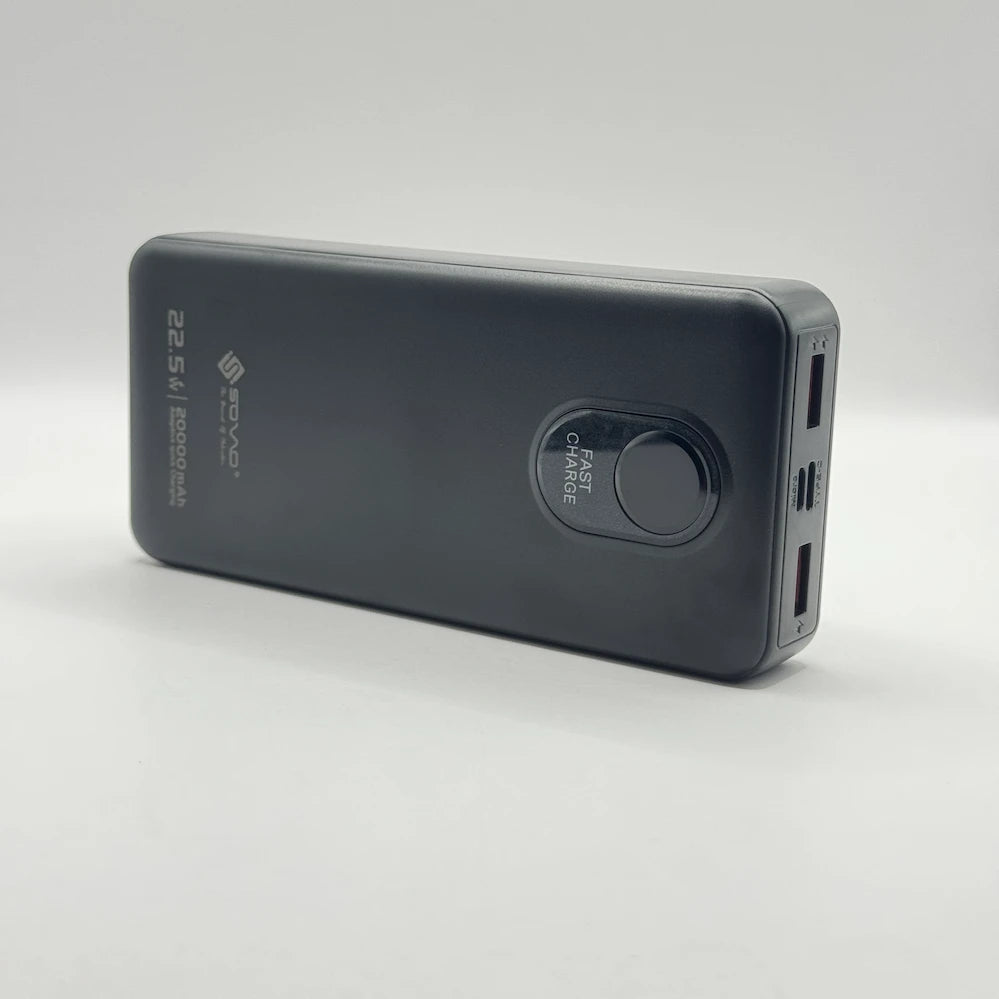 Angled side view of SOVO SPB-620 20000mAh power bank highlighting top ports and sleek body design