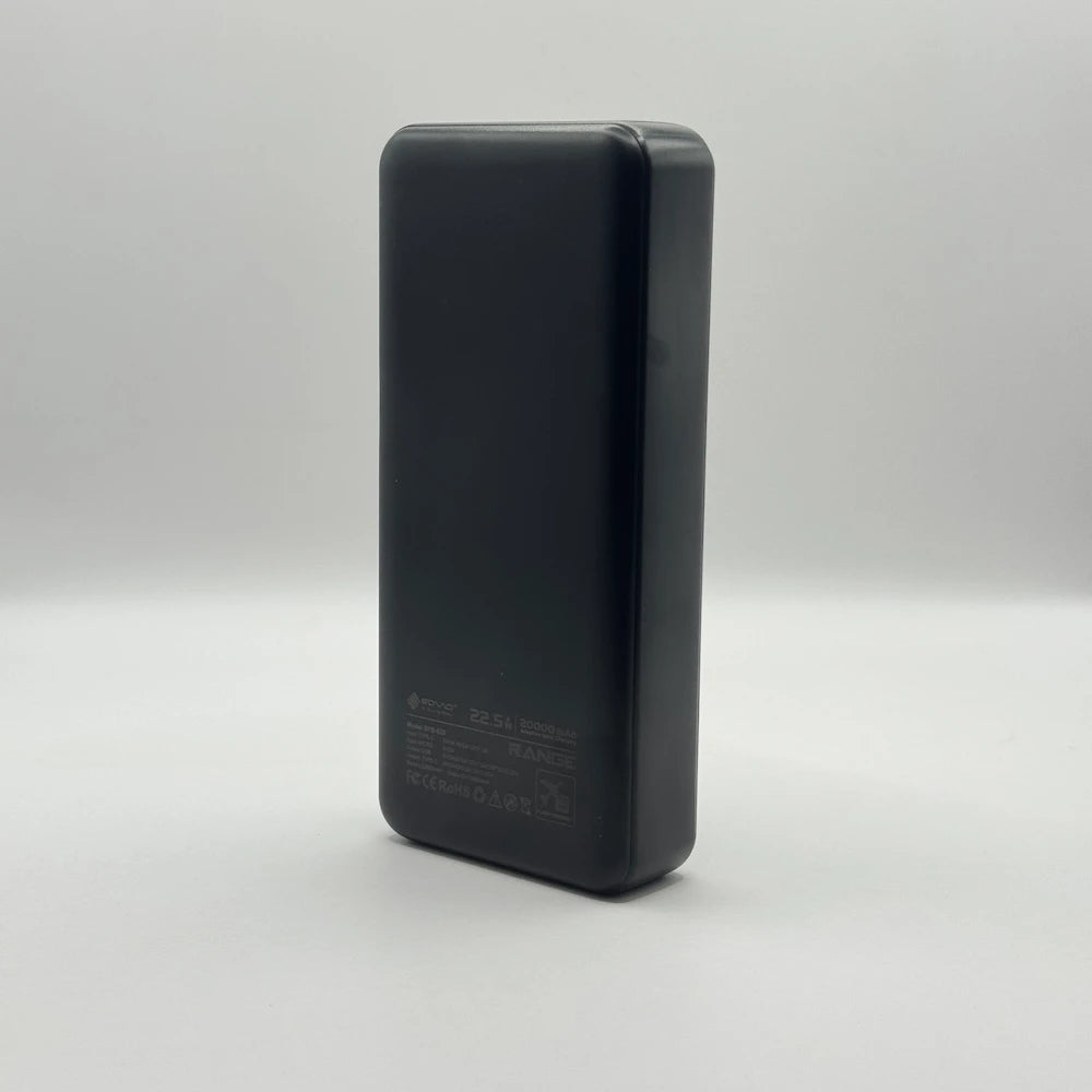 Back panel of SOVO SPB-620 power bank showing printed technical specifications and safety certifications