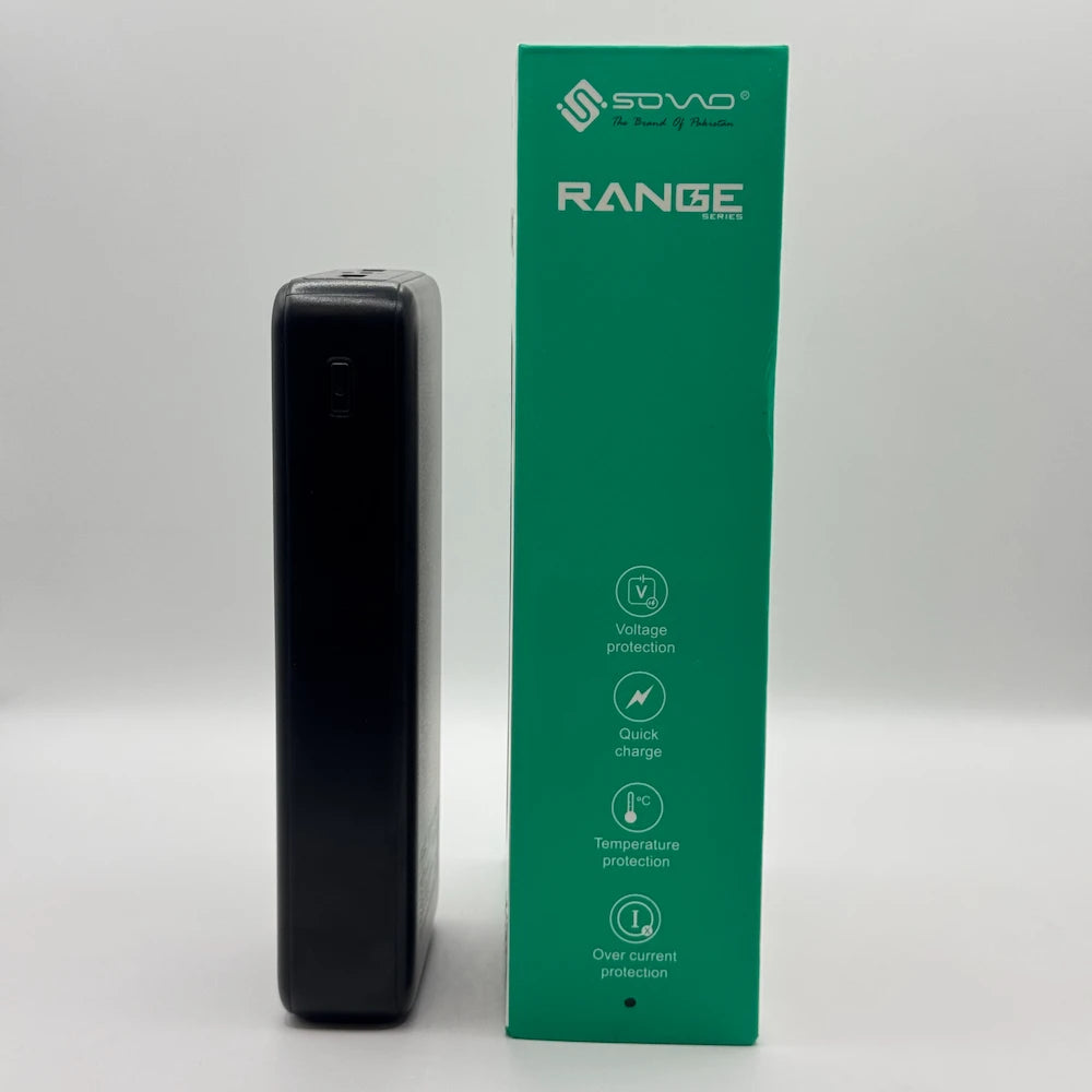 Side view of SOVO SPB-620 power bank beside green retail box highlighting temperature and over current protection icons