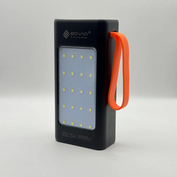 Front view of SOVO SPB-677 power bank displaying wide emergency LED light panel and orange carrying loop