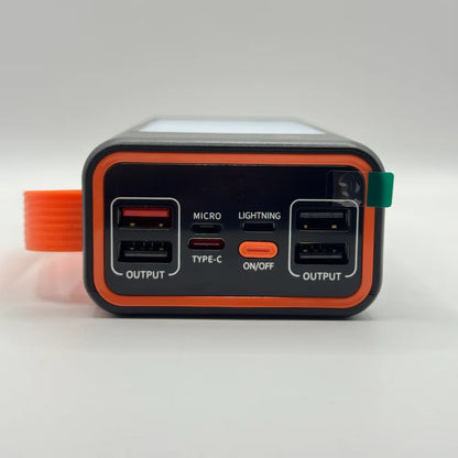 Close-up of top port array on SOVO SPB-677 power bank showing red fast charging USB port and multi input connectors