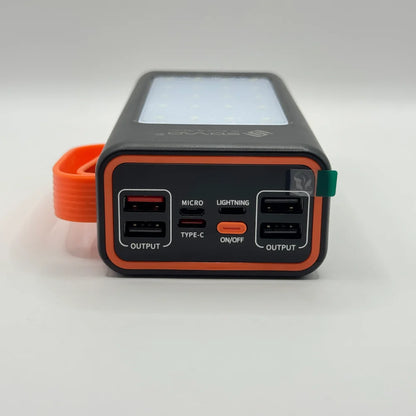 Top perspective of SOVO SPB-677 power bank showing 4 USB outputs Micro Type-C and Lightning ports with power button