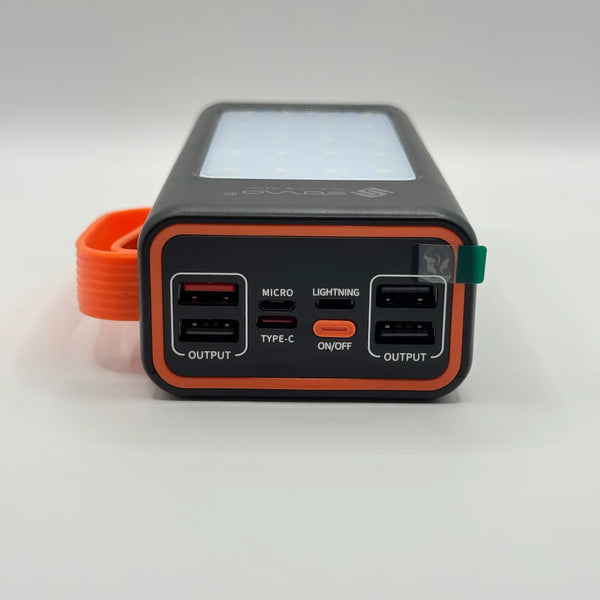 Top perspective of SOVO SPB-677 power bank showing 4 USB outputs Micro Type-C and Lightning ports with power button
