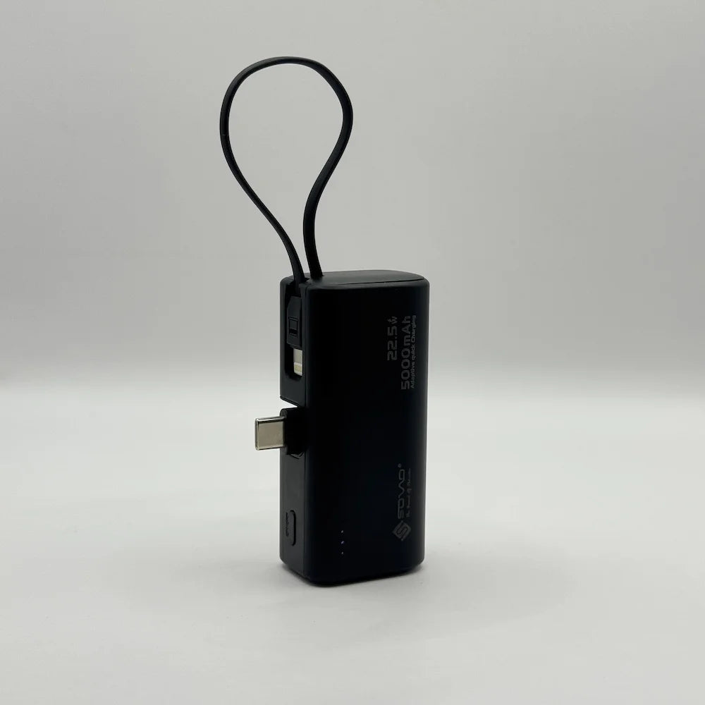 SOVO SPB-698 compact black power bank showing direct Type-C plug-in connector and carrying strap