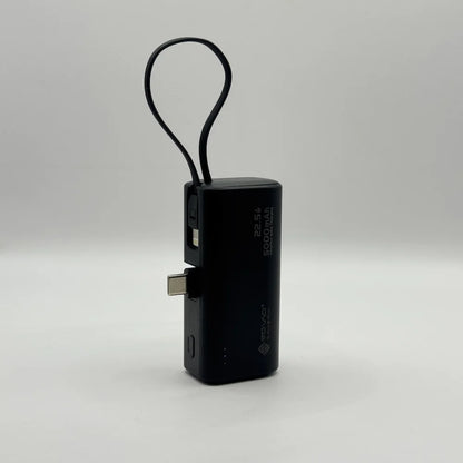 SOVO SPB-698 compact black power bank showing direct Type-C plug-in connector and carrying strap