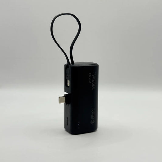 SOVO SPB-698 compact black power bank showing direct Type-C plug-in connector and carrying strap