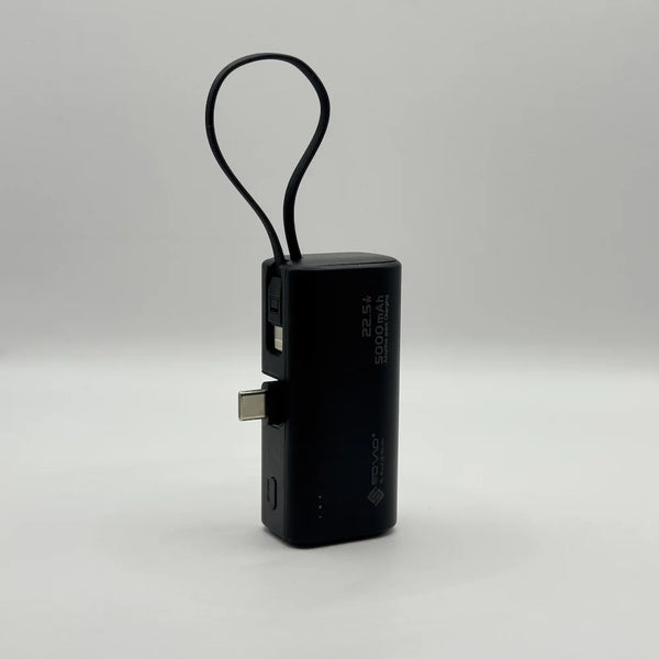 SOVO SPB-698 compact black power bank showing direct Type-C plug-in connector and carrying strap