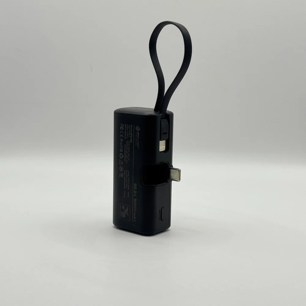 SOVO SPB-698 power bank showing integrated Lightning cable dock and side power button