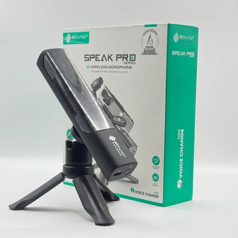 SOVO SPEAK PRO AI wireless microphone case mounted on mini desktop tripod