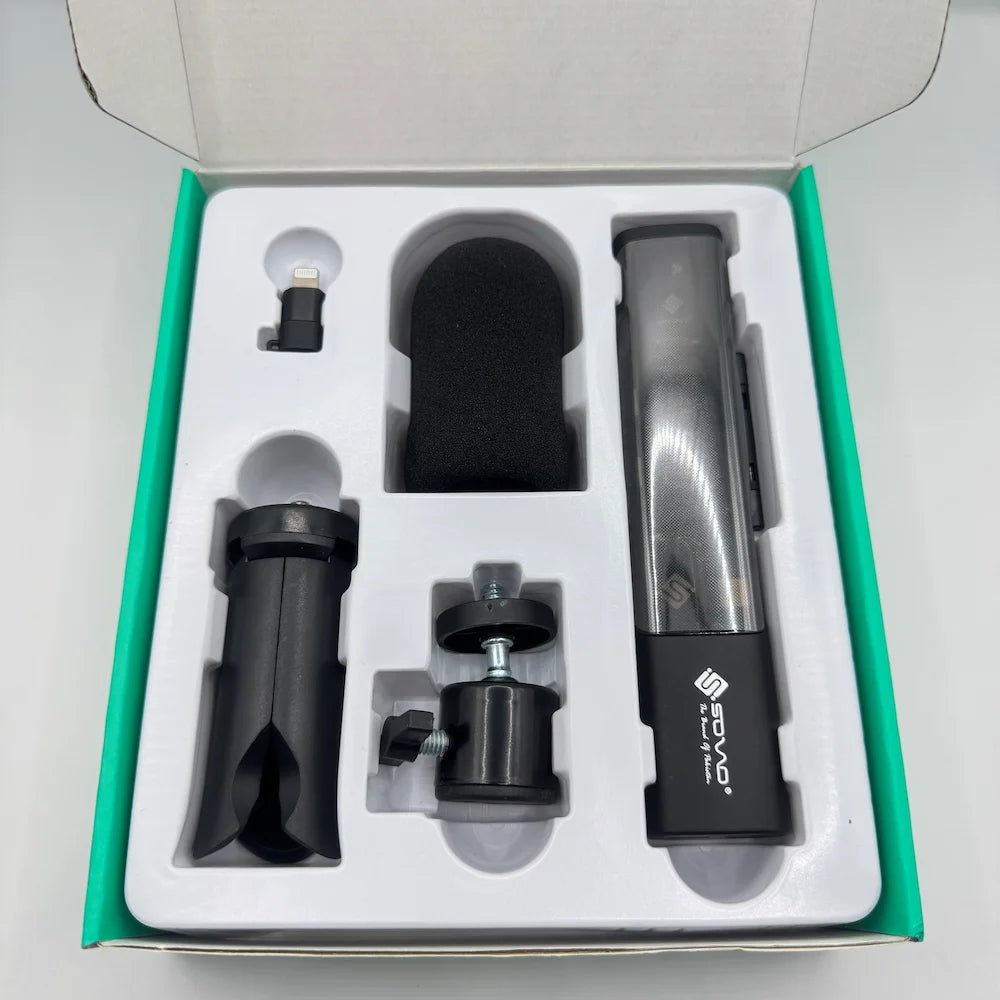 SOVO SPEAK PRO Series Vlogging Kit items arranged in white tray inside green box