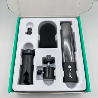 SOVO SPEAK PRO Series Vlogging Kit items arranged in white tray inside green box
