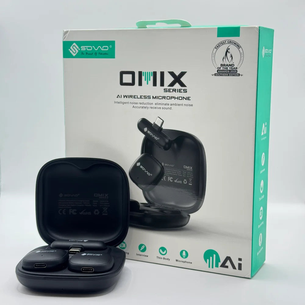 Open charging case showing SOVO SWM-578 dual microphones and Type-C receiver