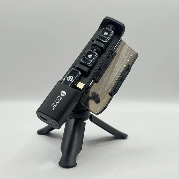 Side angle of SOVO SPEAK PRO wireless mic station open on desktop tripod