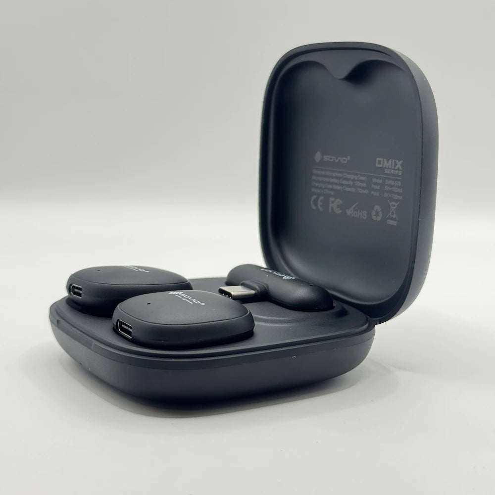 Inner view of SOVO SWM-578 charging case showing battery specifications and certification marks