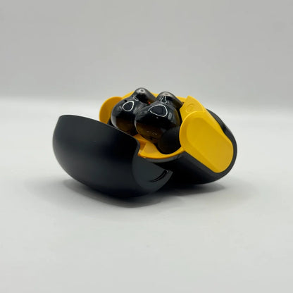 Close up view showing top angle of U39 wireless earbuds inside dual-tone charging case