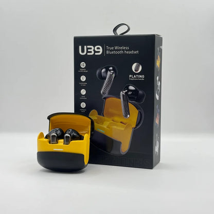 U39 true wireless bluetooth earbuds in open black and yellow case standing next to retail packaging box