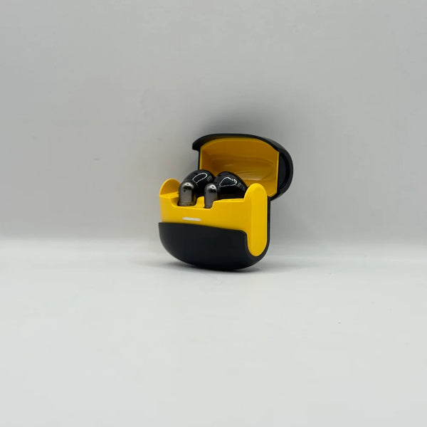 Front view of U39 TWS wireless earbuds docked inside open yellow and black charging case