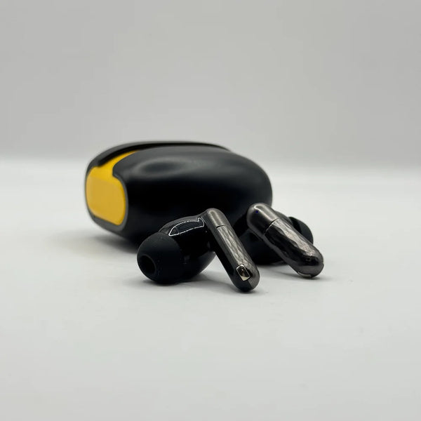 U39 wireless earbuds with electroplated stems displayed in front of closed black and yellow charging case