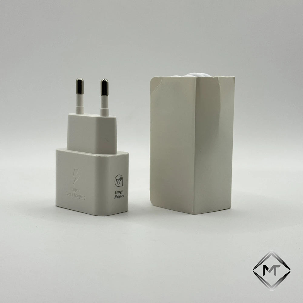 White 25W PD Super Fast Charger next to packaged Type-C cable