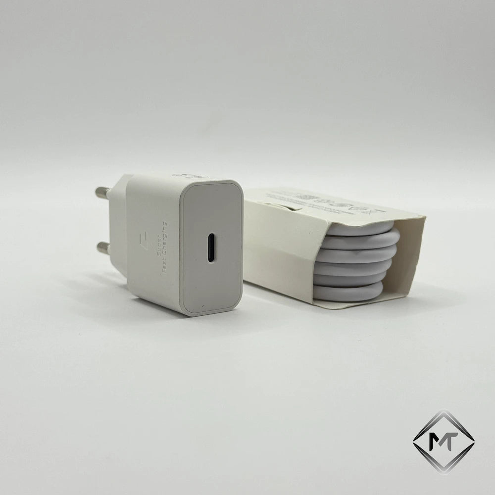 White 25W PD charger USB-C port view next to 1 meter Type-C cable