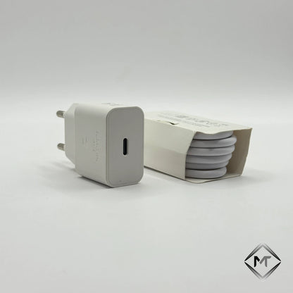 White 25W PD charger USB-C port view next to 1 meter Type-C cable
