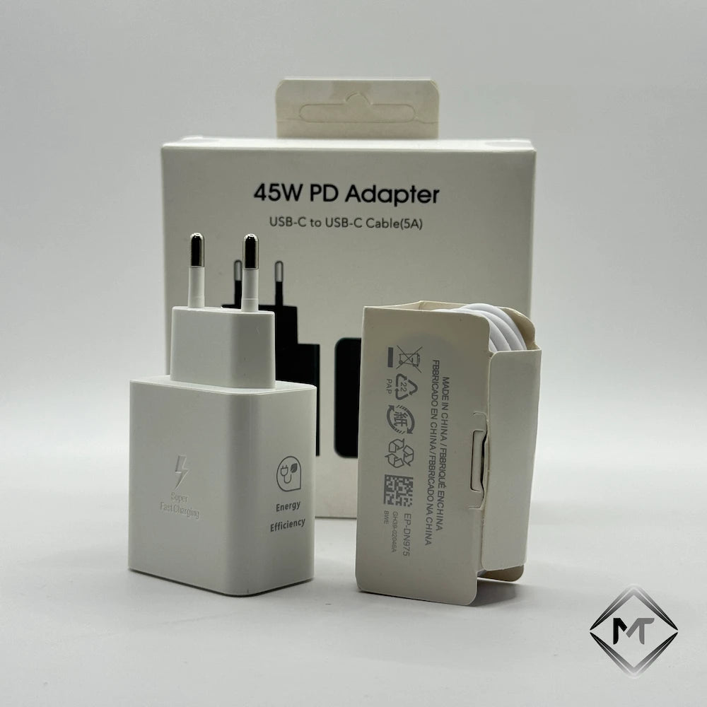 White 45W PD Super Fast Adapter next to packaged 5A USB-C cable