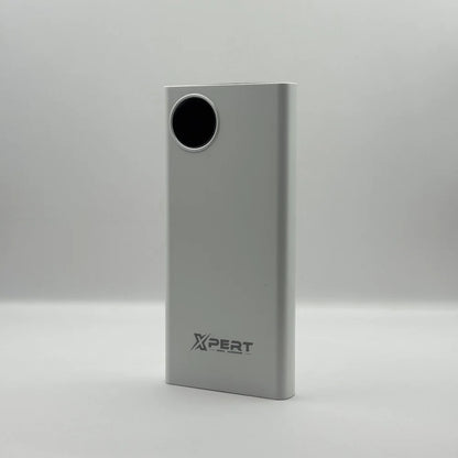 Front view of XPERT XP-411 white power bank highlighting the circular digital LED display screen