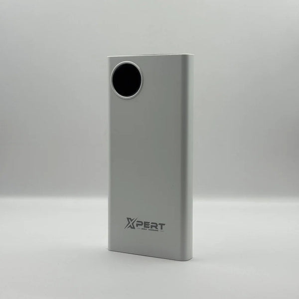 Front view of XPERT XP-411 white power bank highlighting the circular digital LED display screen