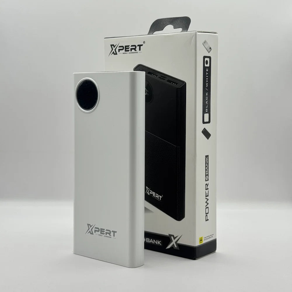 XPERT XP-411 white 10000mAh power bank standing upright next to its retail packaging box