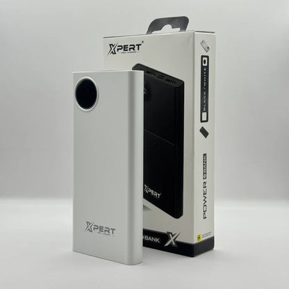 XPERT XP-411 white 10000mAh power bank standing upright next to its retail packaging box
