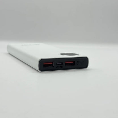 Close up front angle of XPERT XP-411 power bank input and output ports including USB Type-C and Micro USB